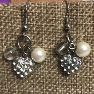 Rhinestone Heart Pearl Bead Dangle Earrings